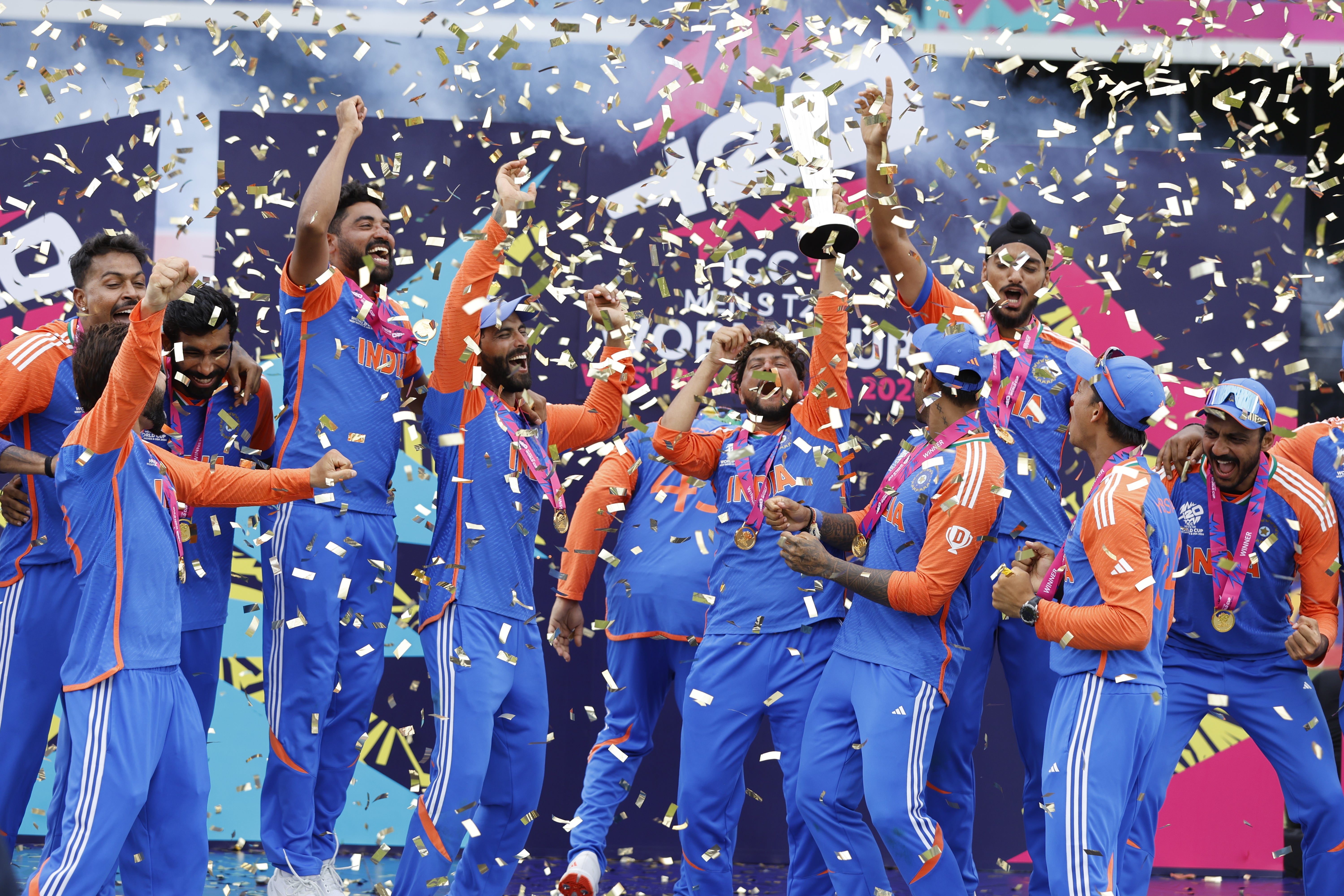 India celebrate T20 World Cup success, beating South Africa by seven runs in Barbados (PA)
