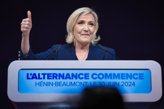 <p>Marine Le Pen’s National Rally – the somewhat sanitised successor to her father’s National Front – came out on top, with around 34 per cent of the overall vote</p>
