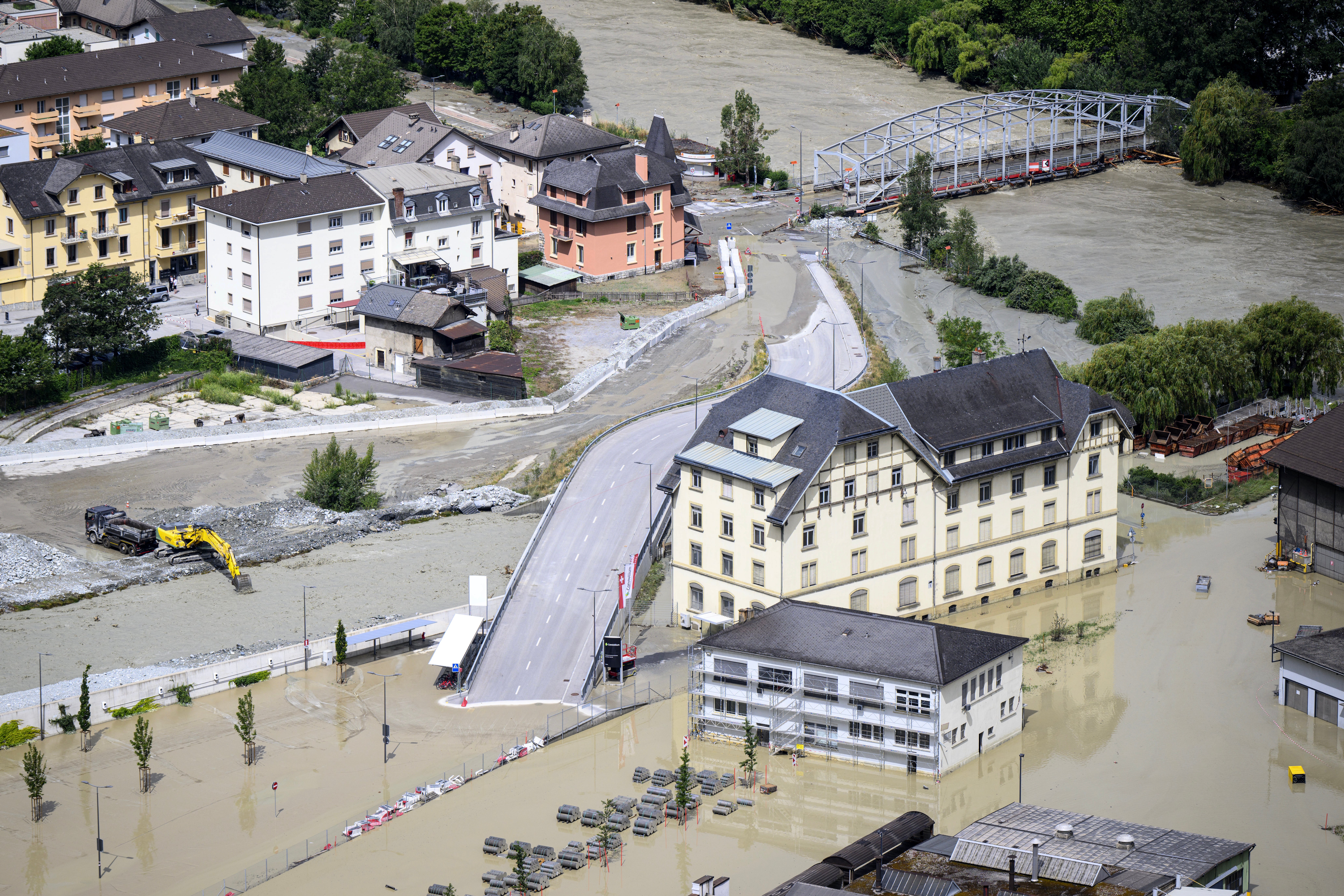 Rhone and Navizence rivers overflow in Chippis, southern Switzerland