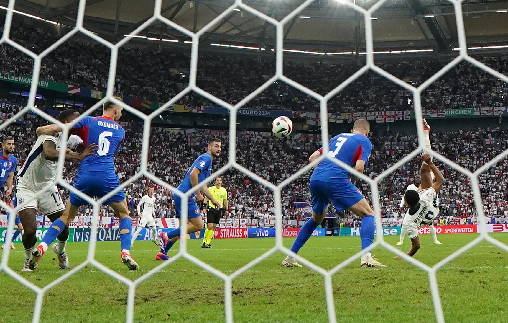 England’s Jude Bellingham scores against Slovakia at Euro 2024 (Adam Davy/PA)