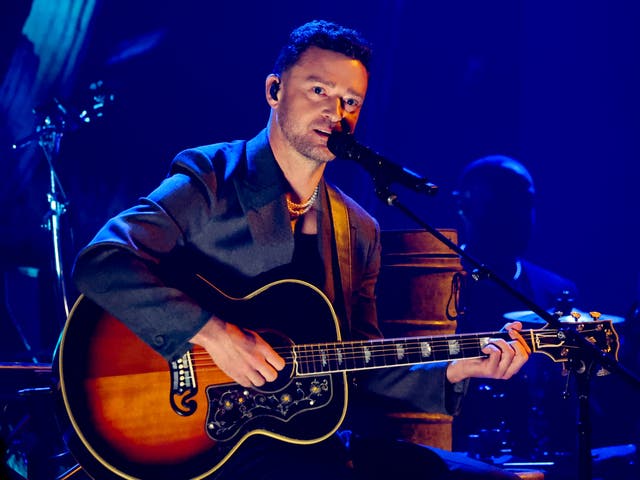 <p>Justin Timberlake performs in Hollywood, California, on 1 April 2024  </p>