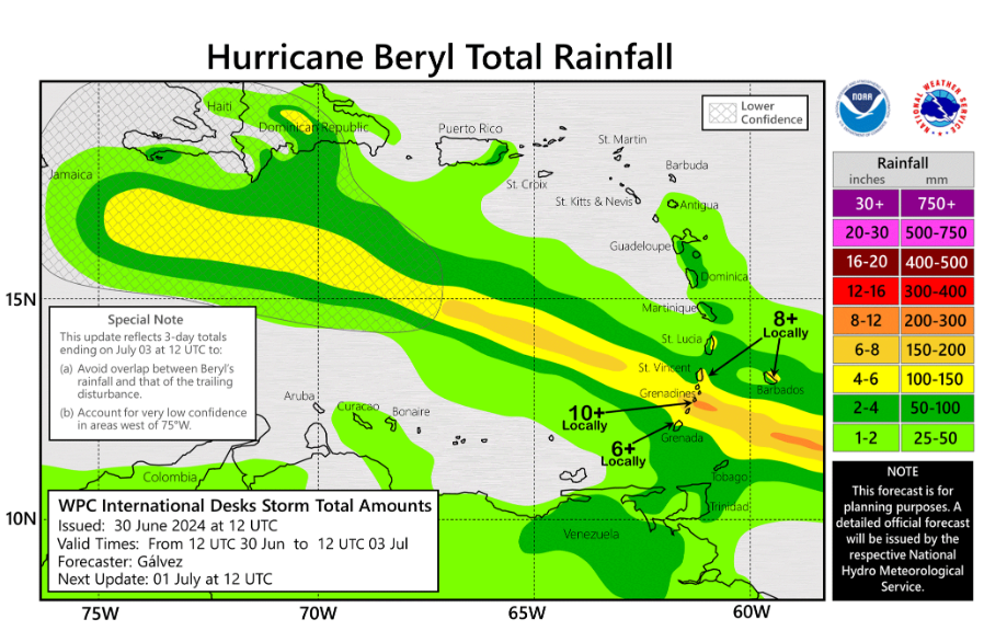 Total rainfall expected to hit the Caribeean as of June 30 due to the incoming Hurricane Beryl