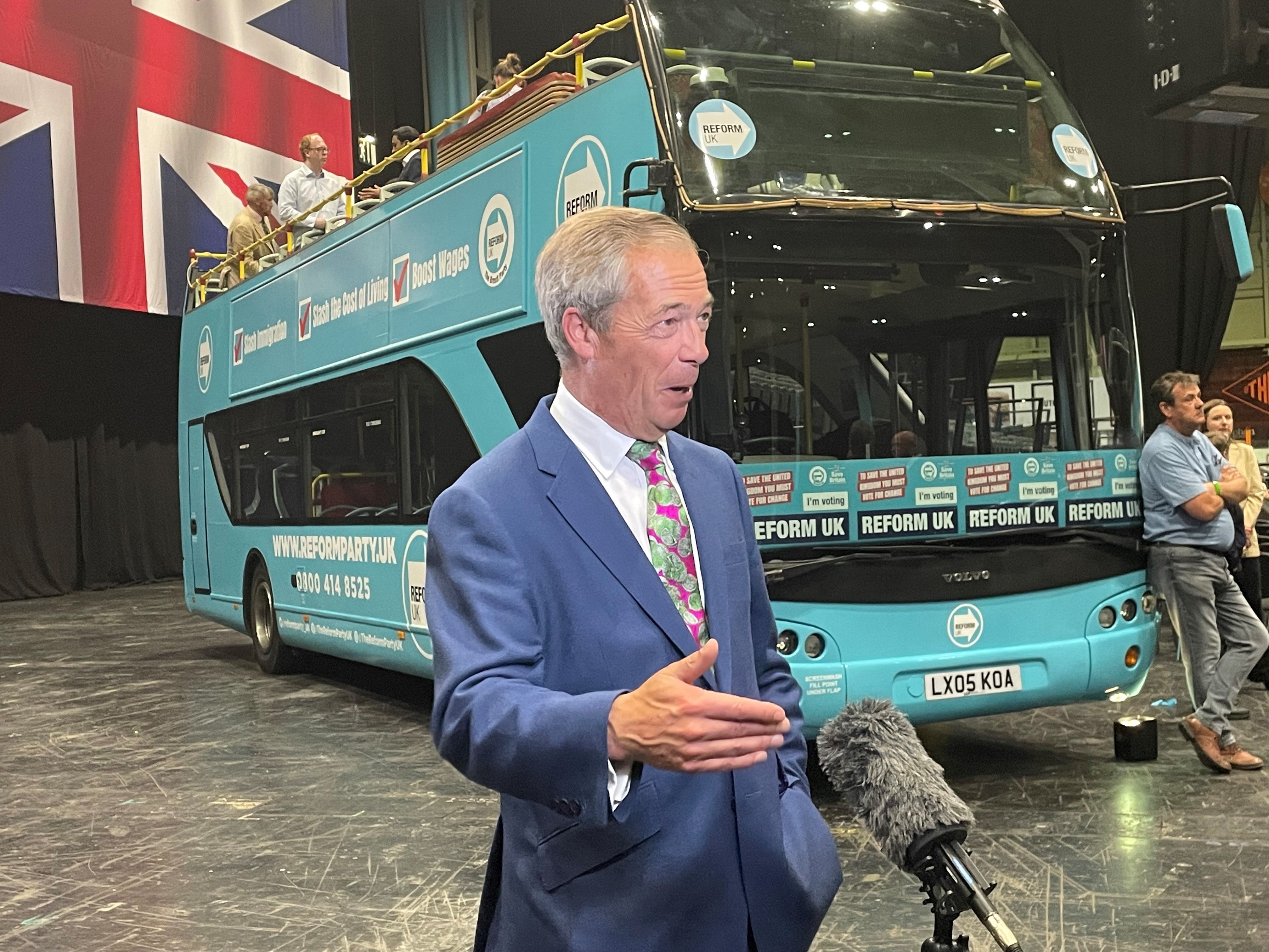 Reform UK leader Nigel Farage speaking to the media after the rally for his party at Birmingham’s NEC, while on the General Election campaign trail (Matthew Cooper/PA)
