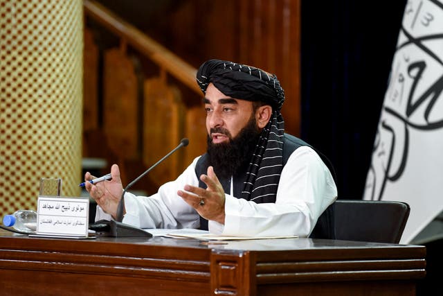 <p>Taliban spokesperson Zabiullah Mujahid addresses a press conference in Kabul before leaving for UN-led Doha talks </p>