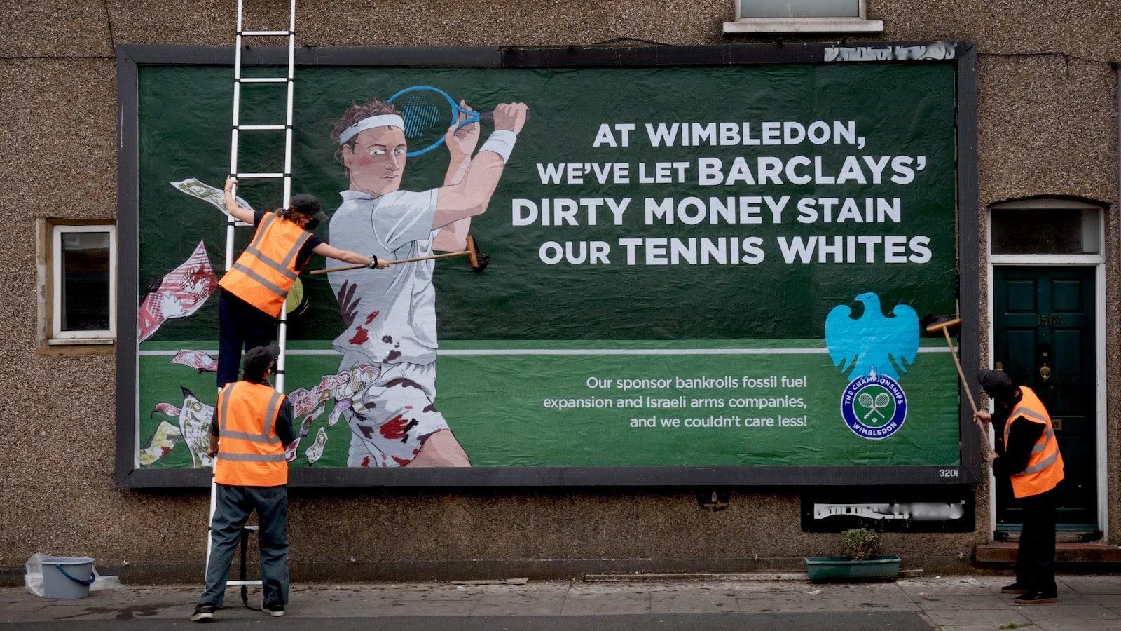 all england lawn tennis club, barclays, wimbledon, artists target wimbledon with graphic mock adverts over barclays sponsorship