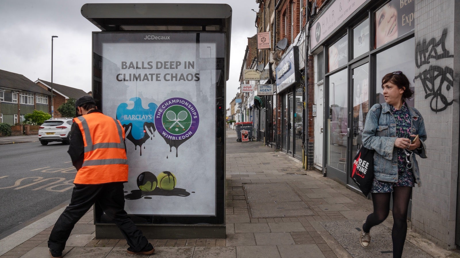 Artwork by Matt Bonner and installed by Brandalism protesting Wimbledon’s partnership with Barclays