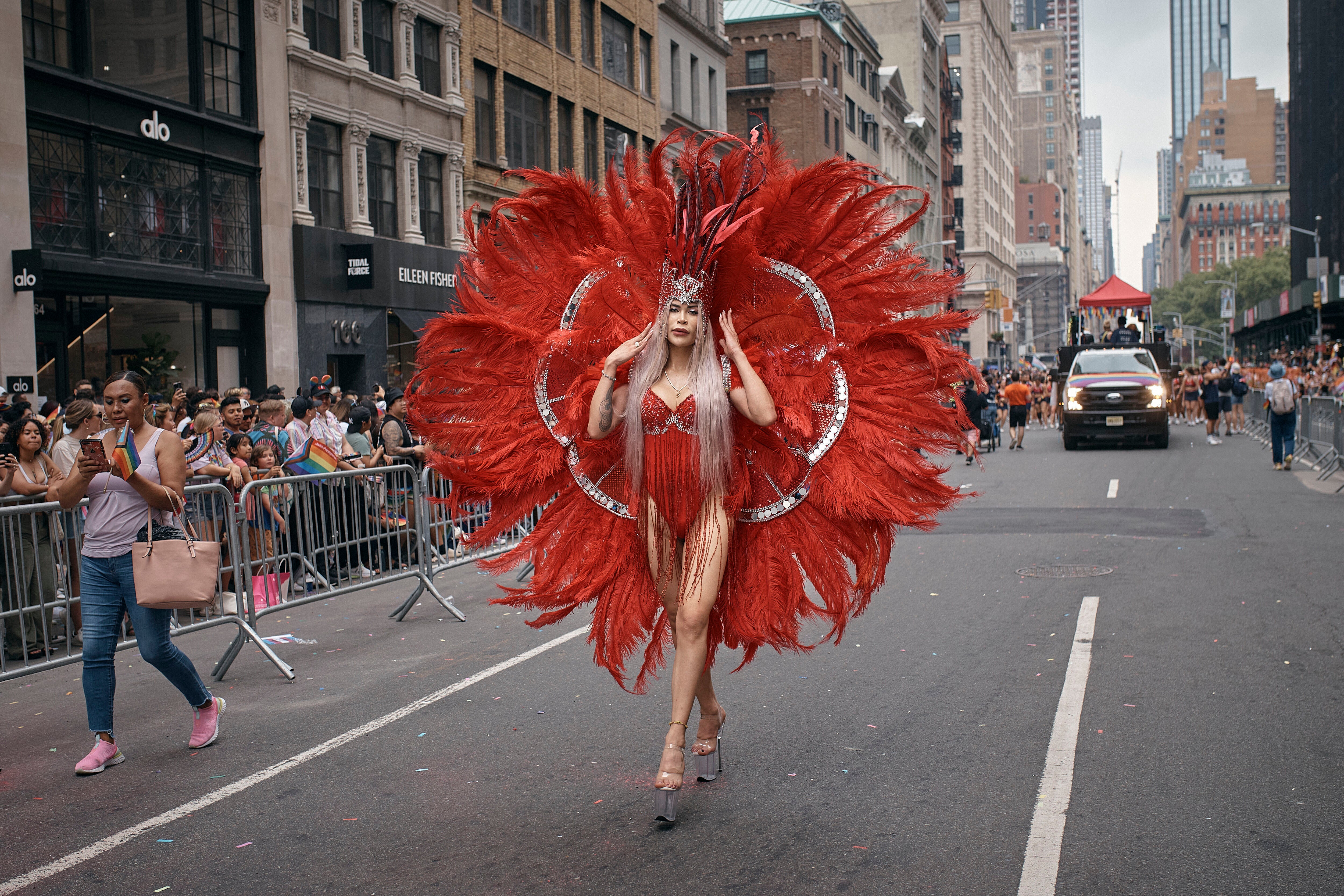 A reveler marches along Fifth Avenue during the NYC Pride March on June 30, 2024