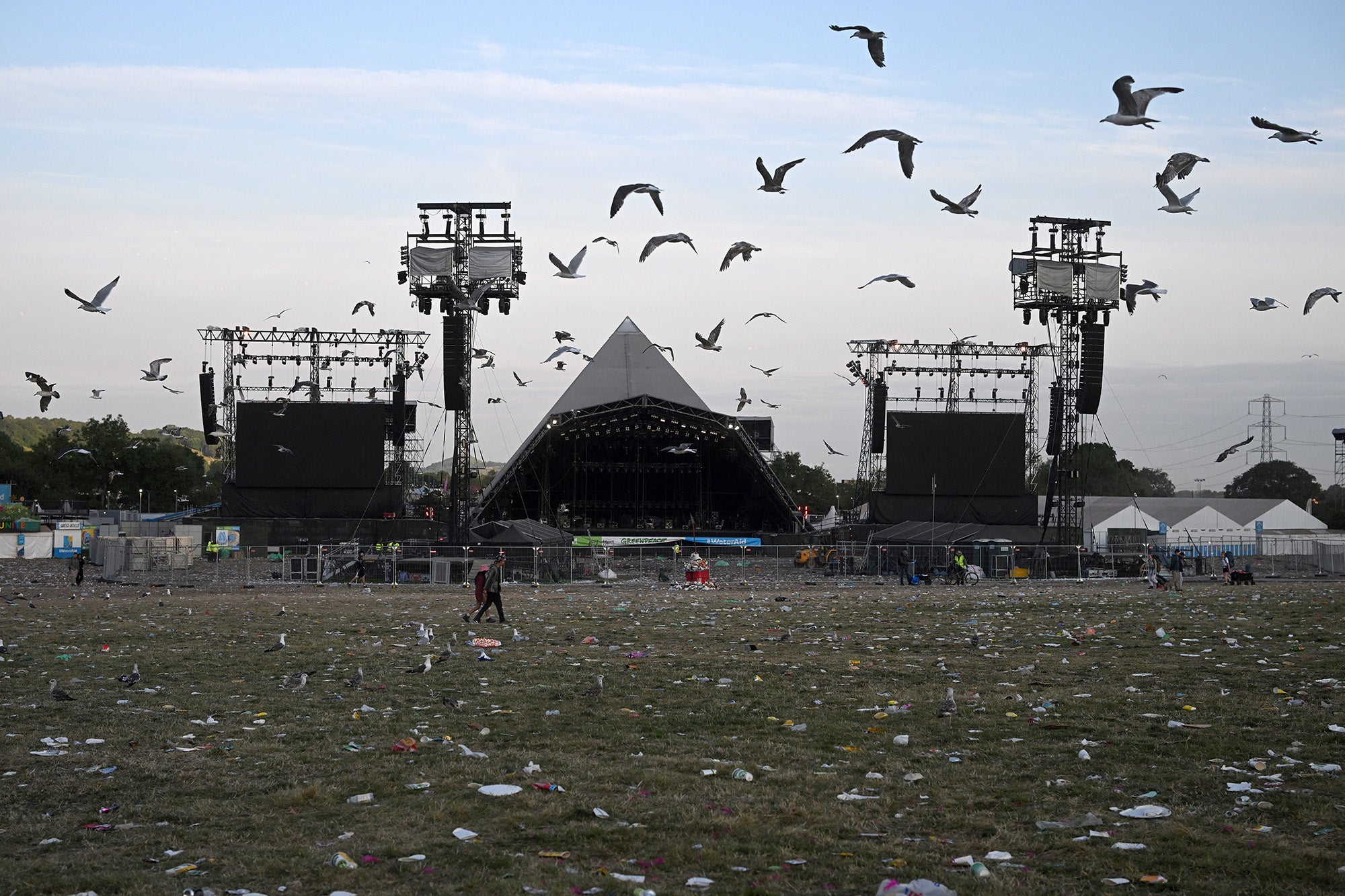 Seagulls fly overhead the litter-strewn field by the festival’s Pyramid Stage on Monday morning before the cleanup