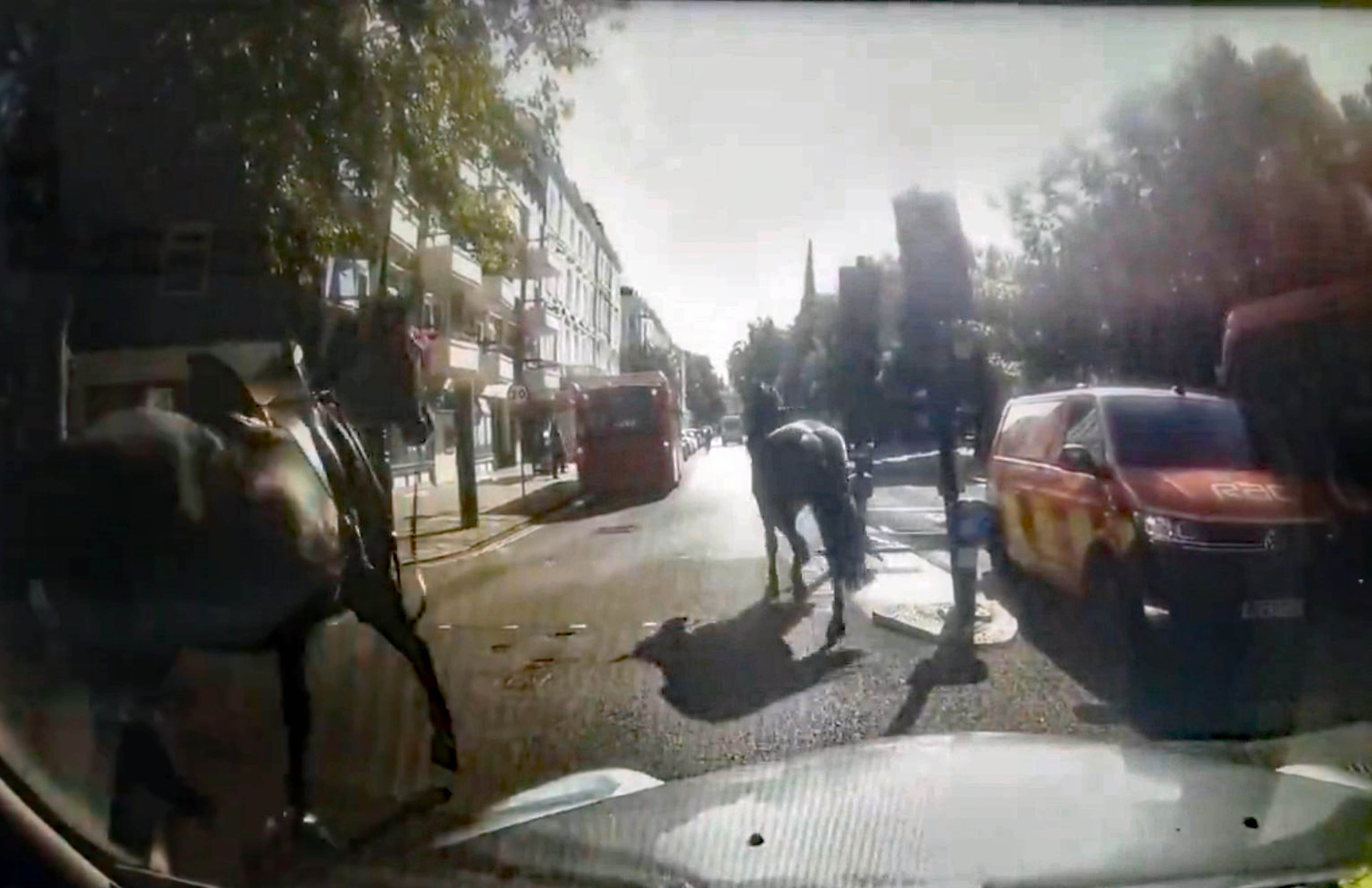 Dash cam video grab courtesy of black cab taxi driver @Davenoisome of two of three military horses which bolted through central London