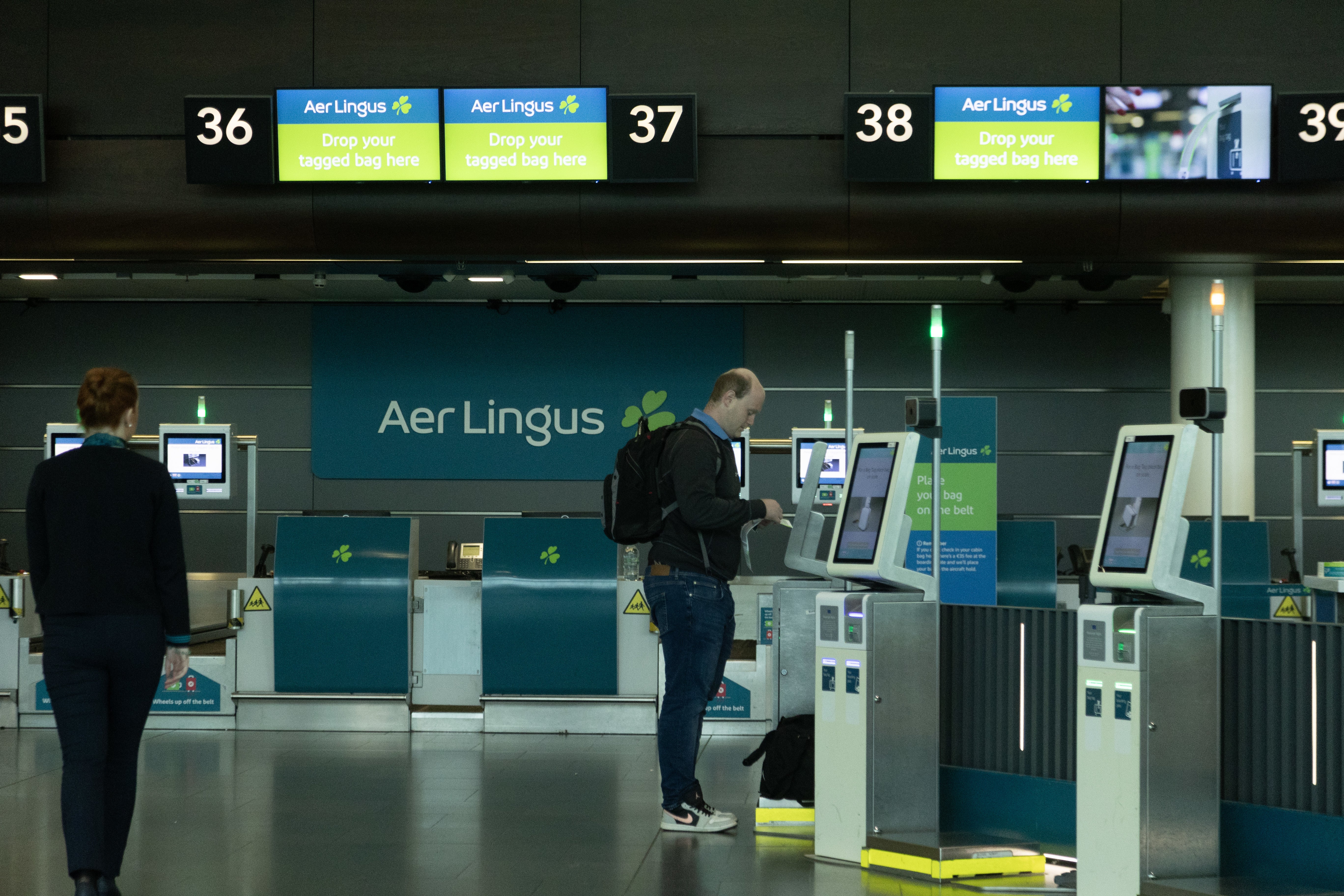 The empty Aer Lingus check-in desk area at Dublin Airport as Aer Lingus pilots began an eight-hour strike on Saturday (Evan Treacy/PA)