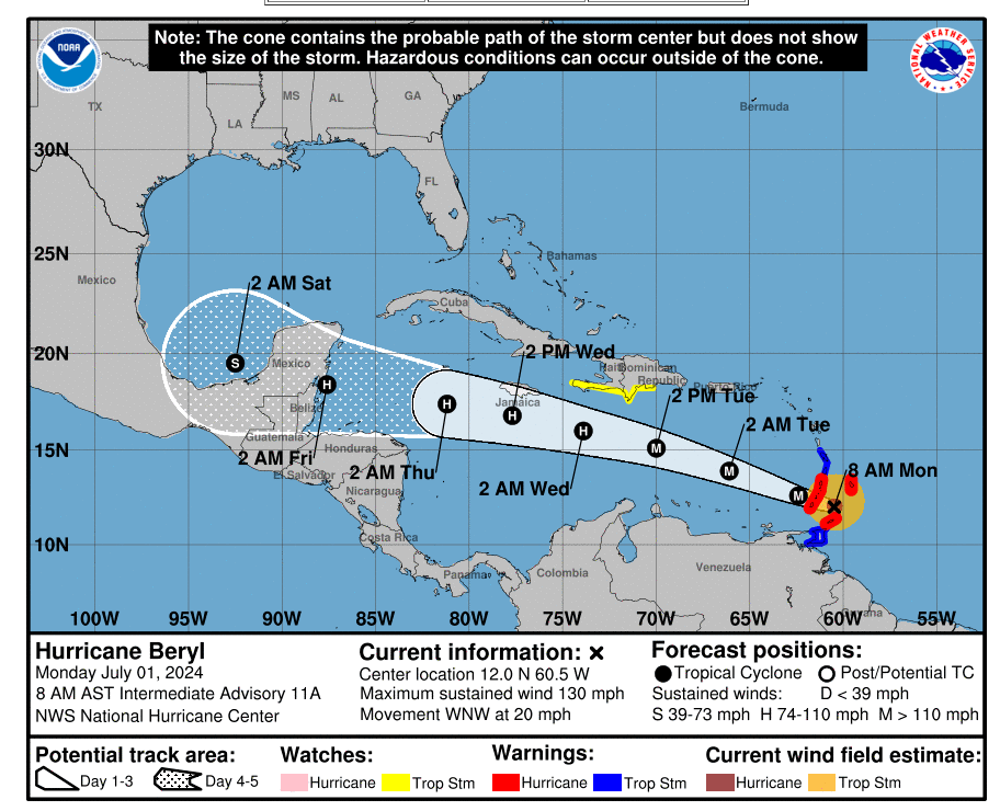 This cone static image shows Hurricane Beryl’s, a dangerous Category 4 storm, probable path as of July 1
