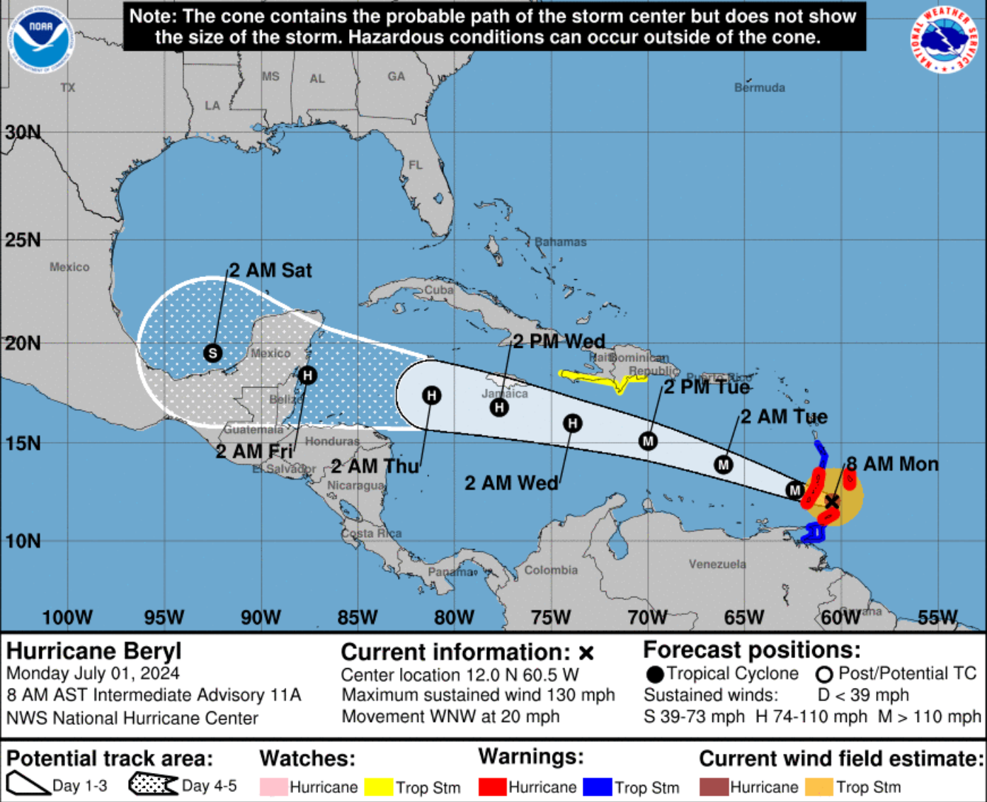 A map from the National Weather Service shows Hurricane Beryl’s path to the eastern Caribbean on Monday