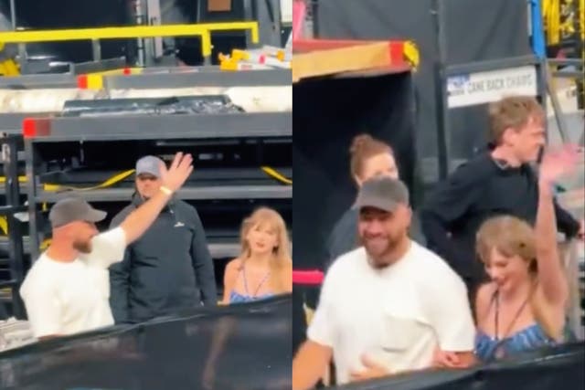 <p>Travis Kelce hypes girlfriend Taylor Swift up for the crowd as they leave Dublin Eras Tour concert</p>