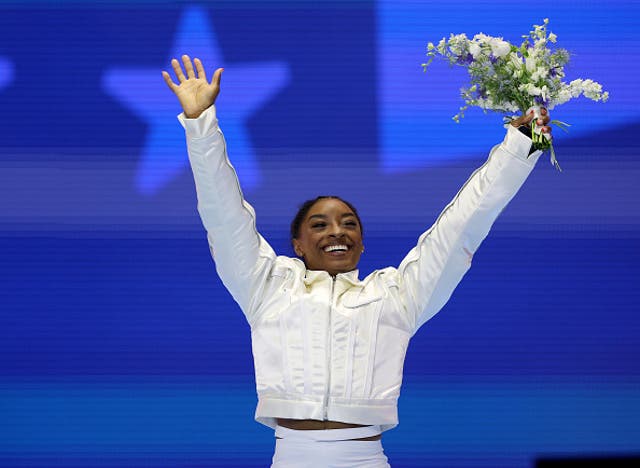 <p>Simone Biles became the fourth American woman to compete in a third Olympic games </p>
