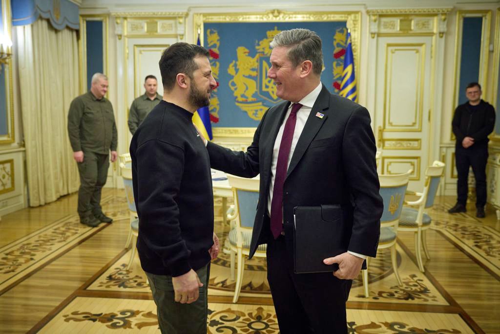 Handout photo issued by the Office of the President of Ukraine of Volodymyr Zelensky welcoming Sir Keir Starmer to Kyiv in February (Office of the President of Ukraine/PA)