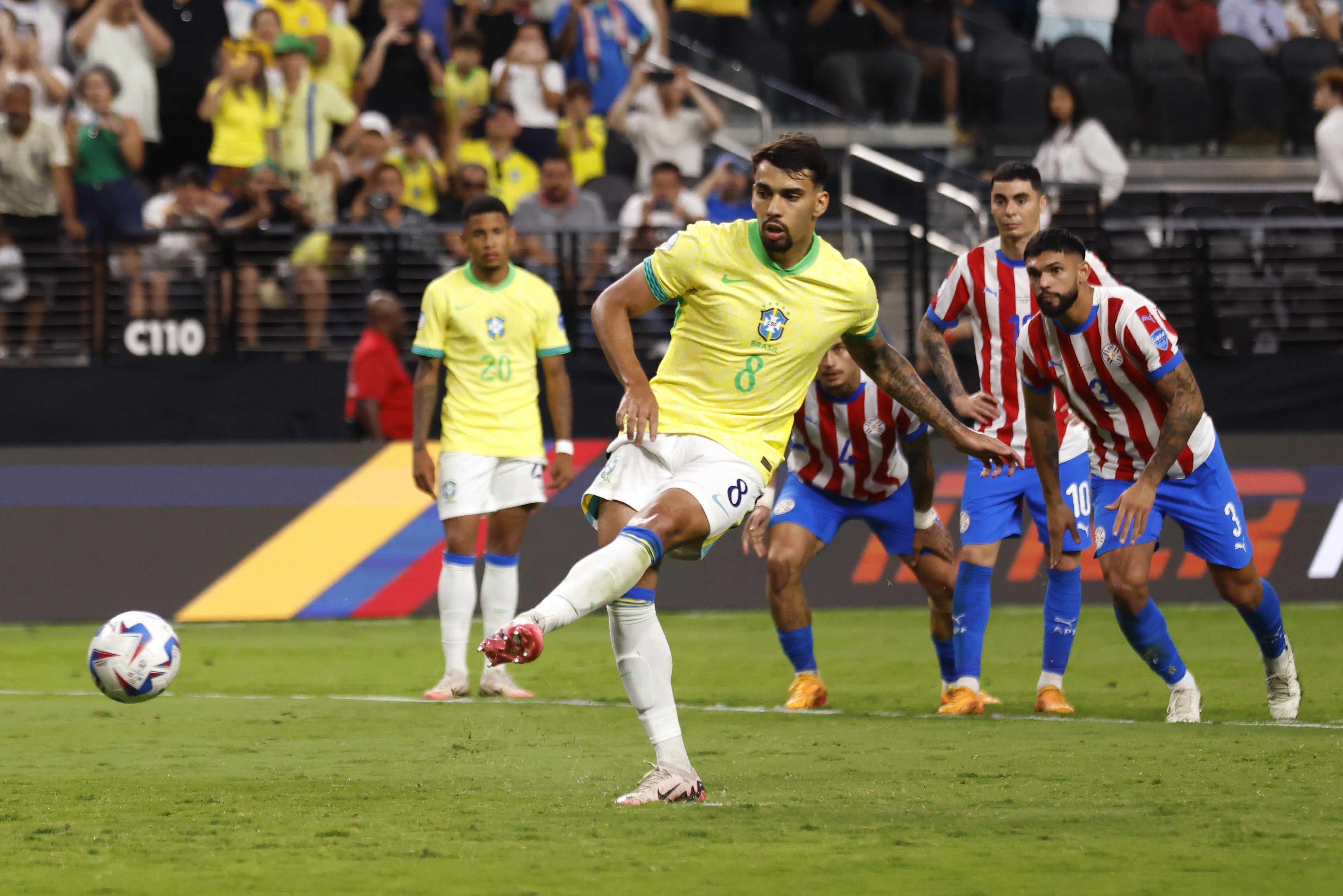 Brazil midfielder Lucas Paqueta scores against Paraguay