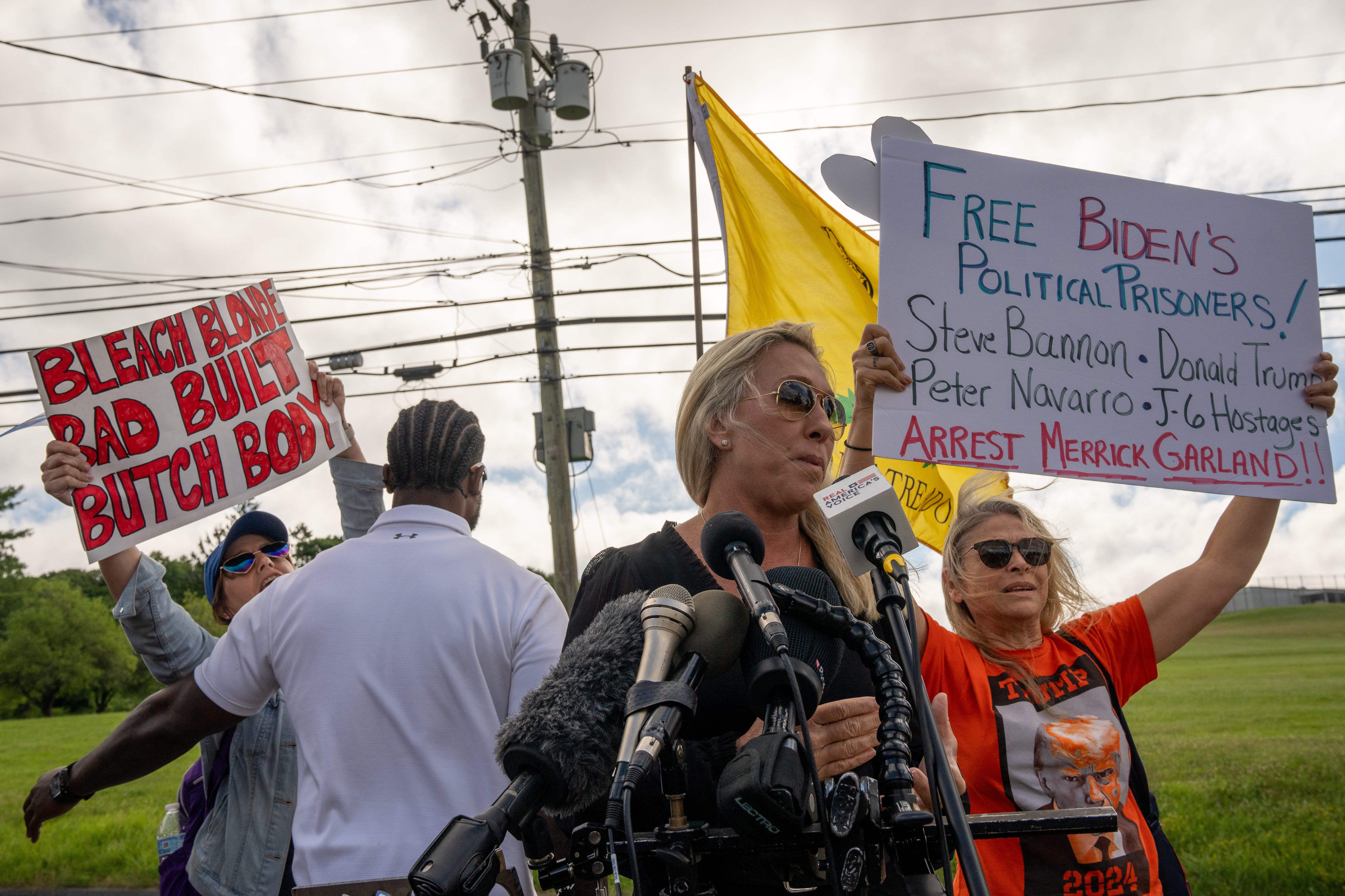 U.S. Rep. Marjorie Taylor Greene (R-GA) addresses the media at the Federal Correctional Institution Danbury where Steve Bannon, the former Donald Trump White House strategist, is expected to begin his four-month sentence on July 1, 2024 in Danbury, Connecticut