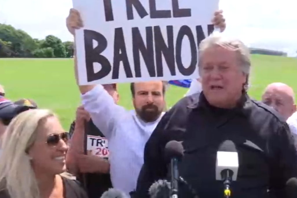 Bannon speaks outside FCI Danbury on July 1 and referred to himself as a “political prisoner” as he turned himself in for defying a congressional subpoena