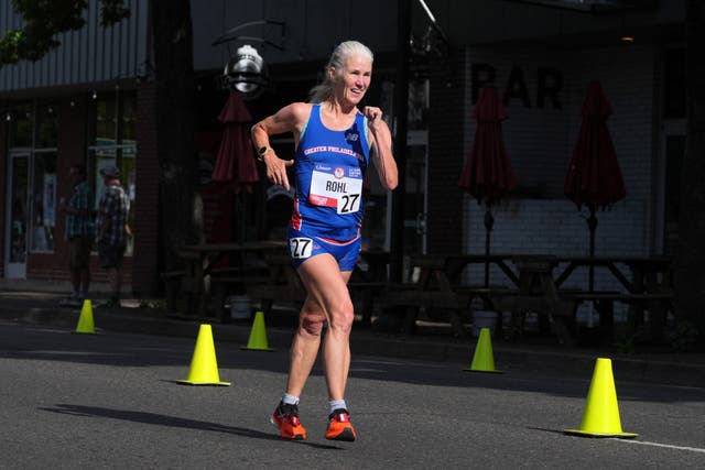 <p>Michelle Rohl, 58, competing during the Olympic trials in Oregon on Saturday. She returned to the sport after two decades in retirement </p>