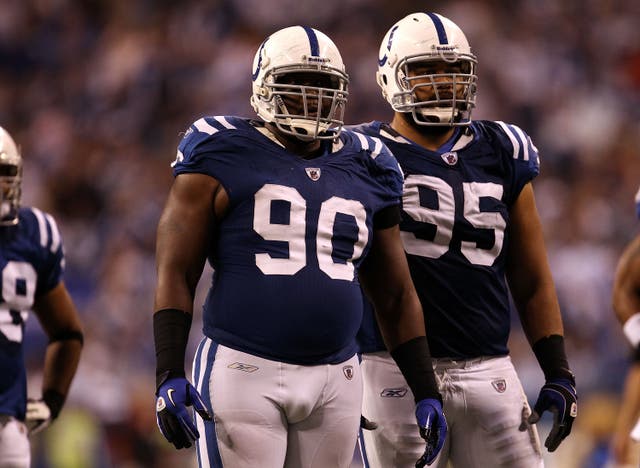 <p>Dan Muir #90 look on against the New York Jets during their 2011 AFC wild card playoff game at Lucas Oil Stadium on January 8, 2011 in Indianapolis, Indiana</p>