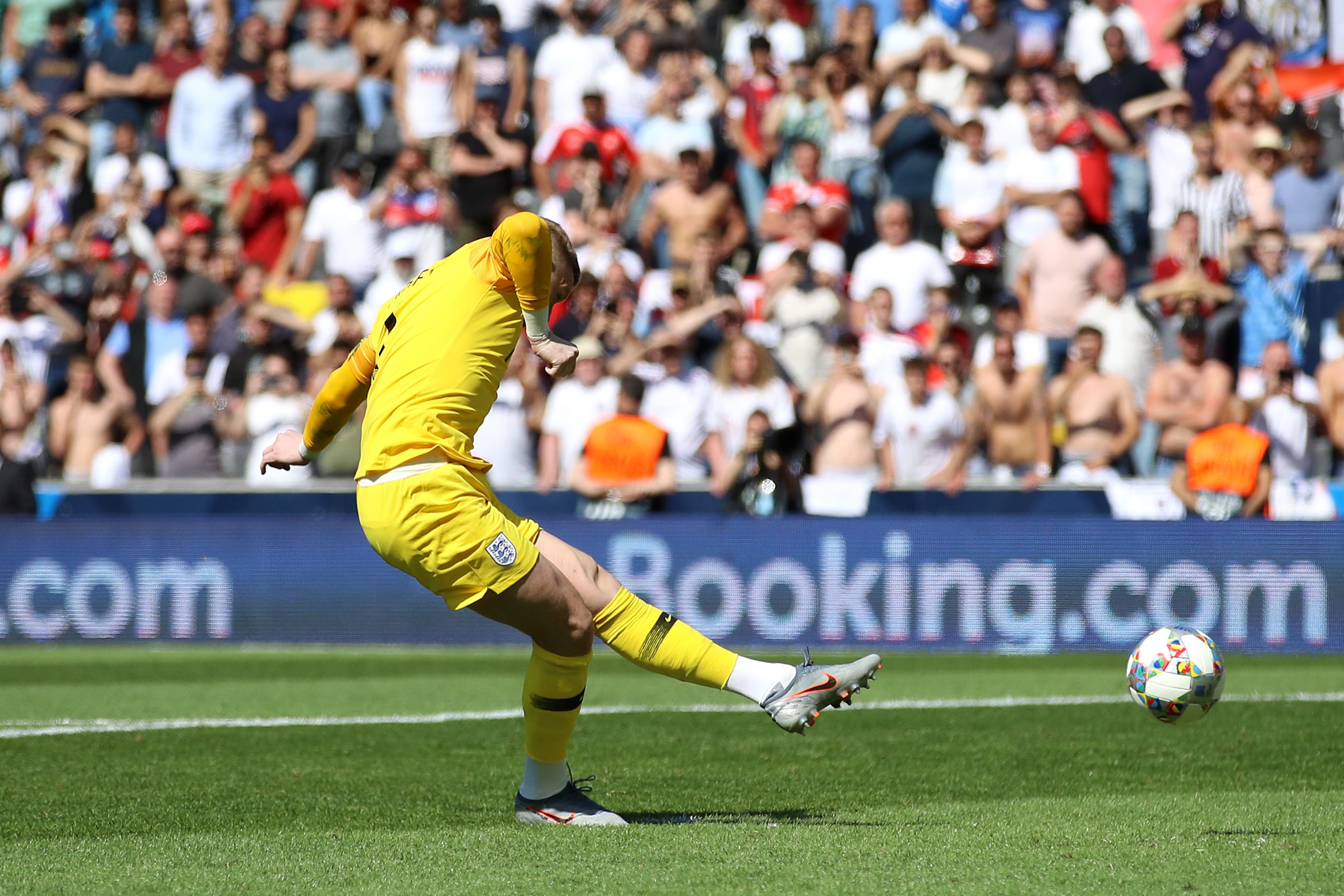 England goalkeeper Jordan Pickford scored a penalty during the shoot-out in the Nations League third place play-off (Tim Goode/PA)