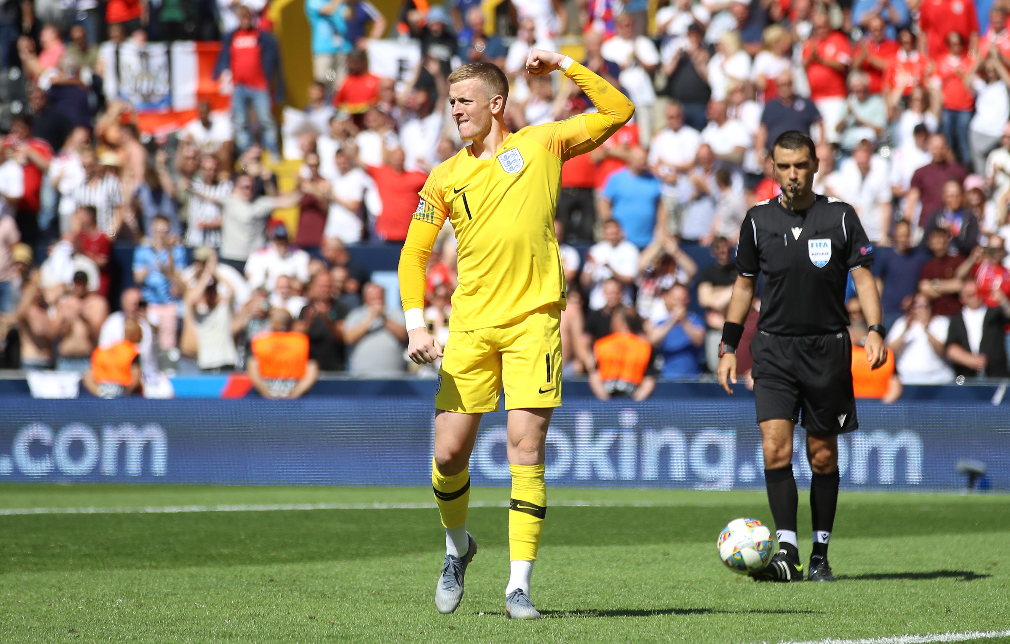 England goalkeeper Jordan Pickford enjoyed scoring his penalty during the Nations League shoot-out win over Switzerland in Guimaraes (PA)