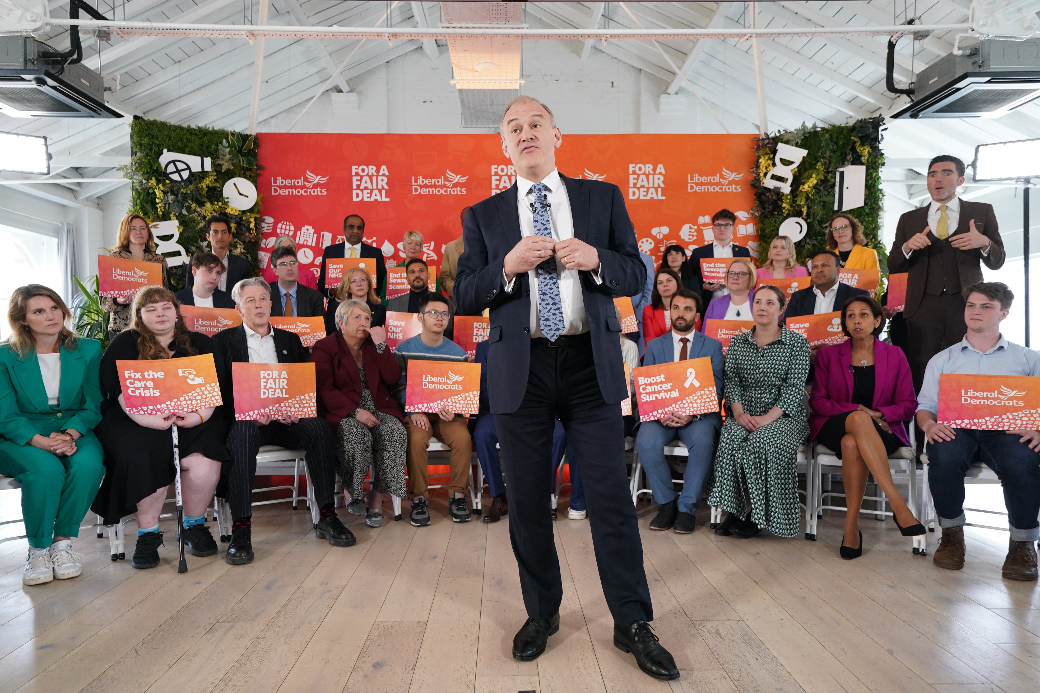 Liberal Democrat leader Sir Ed Davey at the party’s manifesto launch (Lucy North/PA)