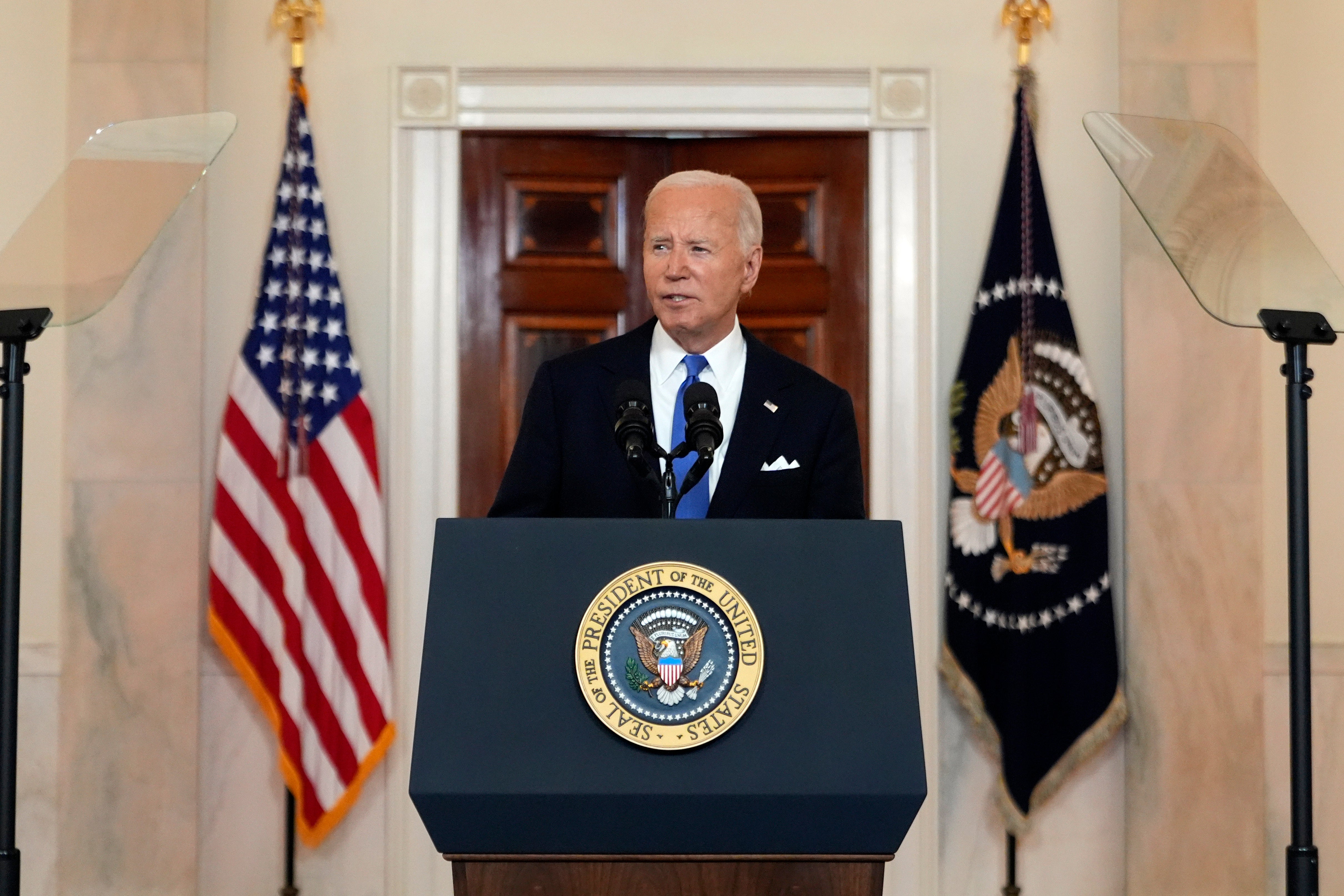 President Joe Biden speaks in the Cross Hall of the White House Monday, July 1, 2024, in Washington DC