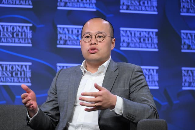 <p>Sebastien Lai, son of ‘Apple Daily’ founder Jimmy Lai, speaks at the National Press Club in Canberra, Australia, on Monday </p>