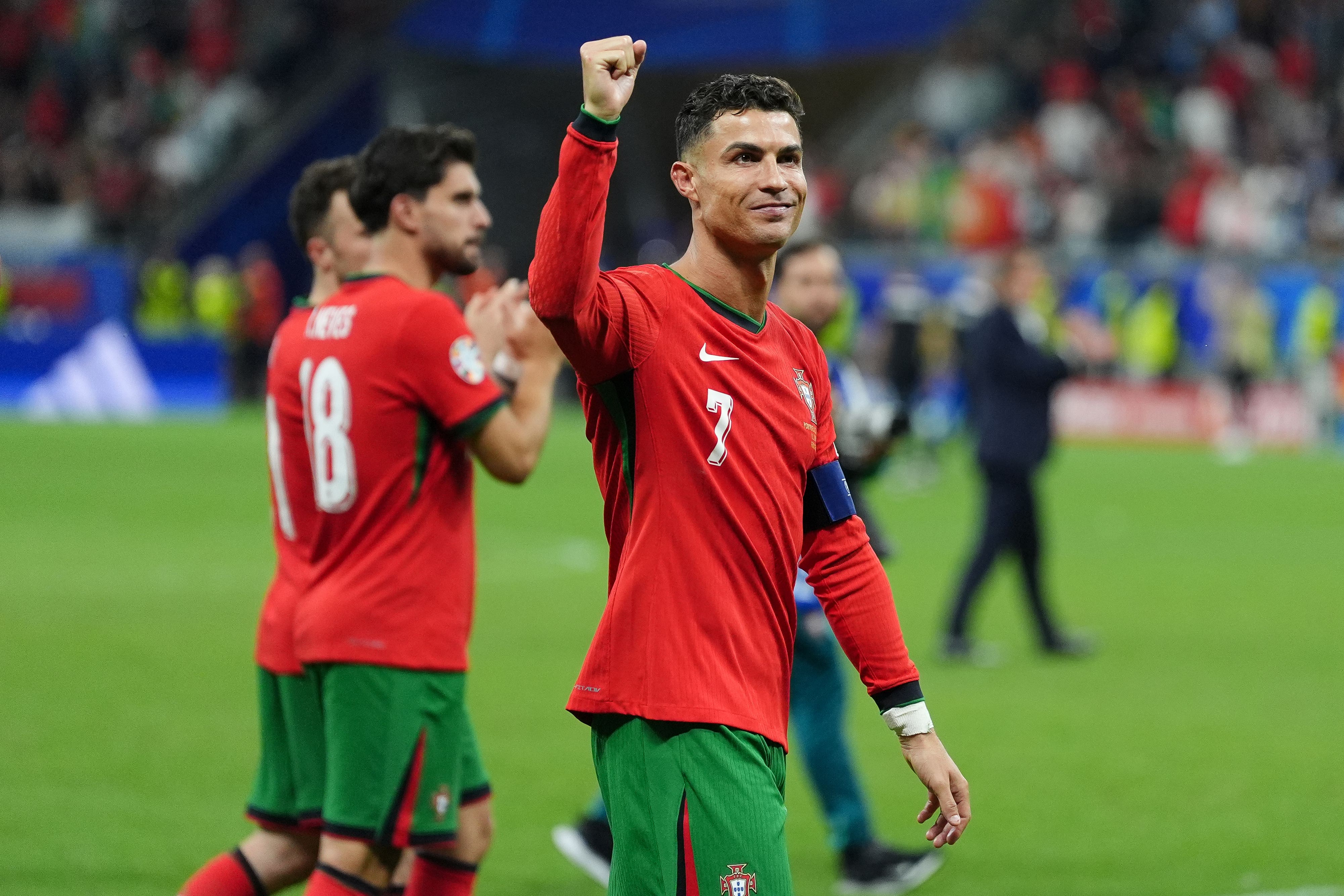 Cristiano Ronaldo celebrates after Portugal’s penalty shoot-out win against Slovenia at Euro 2024 (Bradley Collyer/PA)