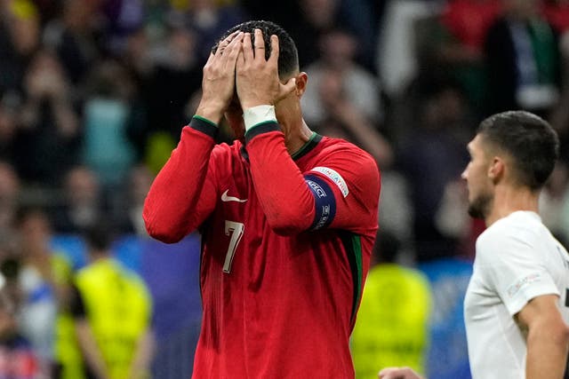 <p>Cristiano Ronaldo burst into tears after his penalty miss against Slovenia</p>