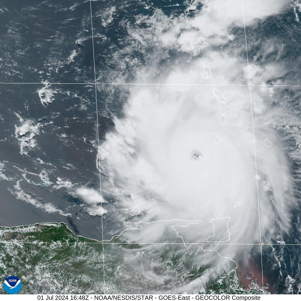A satellite image of Hurricane Beryl as of 1 July 10pm AST. The NHC says Hurricane Beryl has strengthened to an extremely dangerous Category 5 hurricane on Tuesday