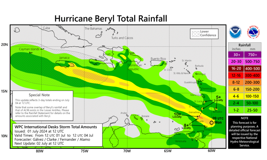 Total rainfall expected to hit the Caribeean as of July 1 to July 4 due to Hurricane Beryl sweeping across the region
