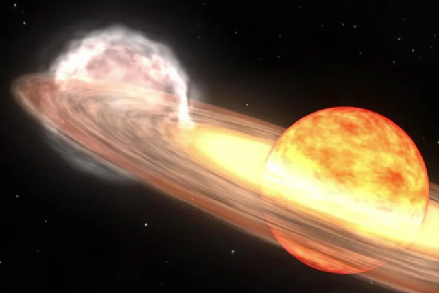 <p>A white dwarf and red giant star orbit each other in a nova similar to T Coronae Borealis, or Blaze Star</p>