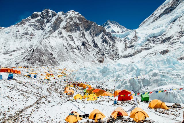 <p>Mount Everest Base Camp, Khumbu glacier and mountains, Sagarmatha national park, Nepal, Himalayas</p>