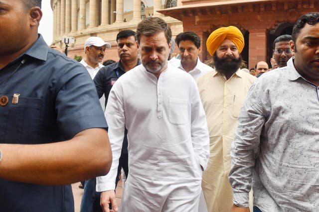 <p>Indian National Congress party leader Rahul Gandhi arrives at parliament in New Delhi on 26 June 2024</p>