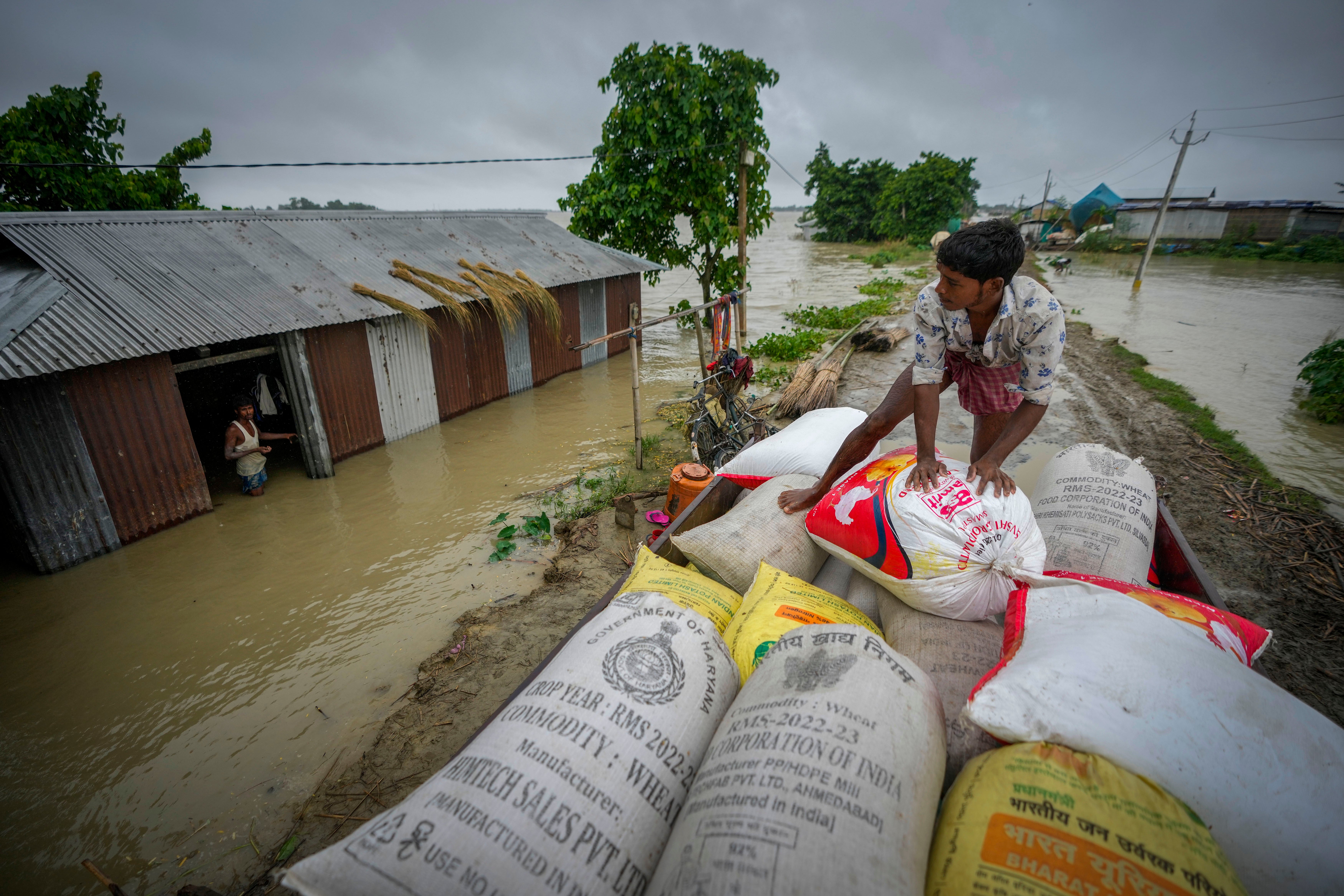 A flood affected person loads sacks of rice on a vehicle to transport to a safer place from his submerged house in Sildubi village in Morigaon, Assam