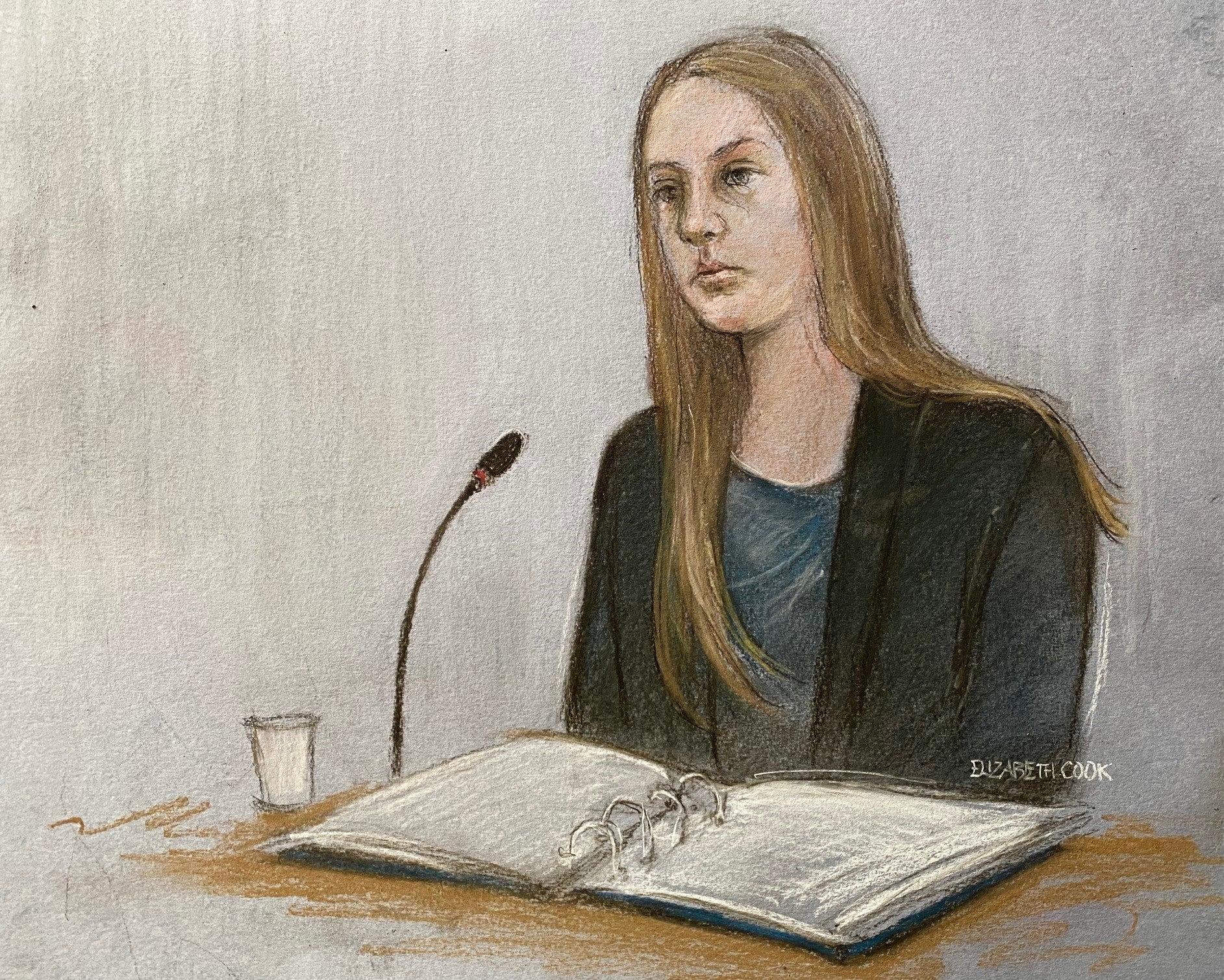 A court artist sketch of Lucy Letby giving evidence at Manchester Crown Court, where she was convicted of attempting to murder a baby girl at the Countess of Chester Hospital in February 2016