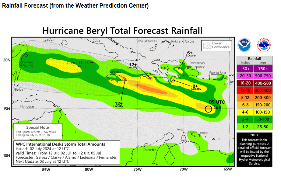 Hurricane Beryl’s total forecast rainfall from 2 July to 5 July