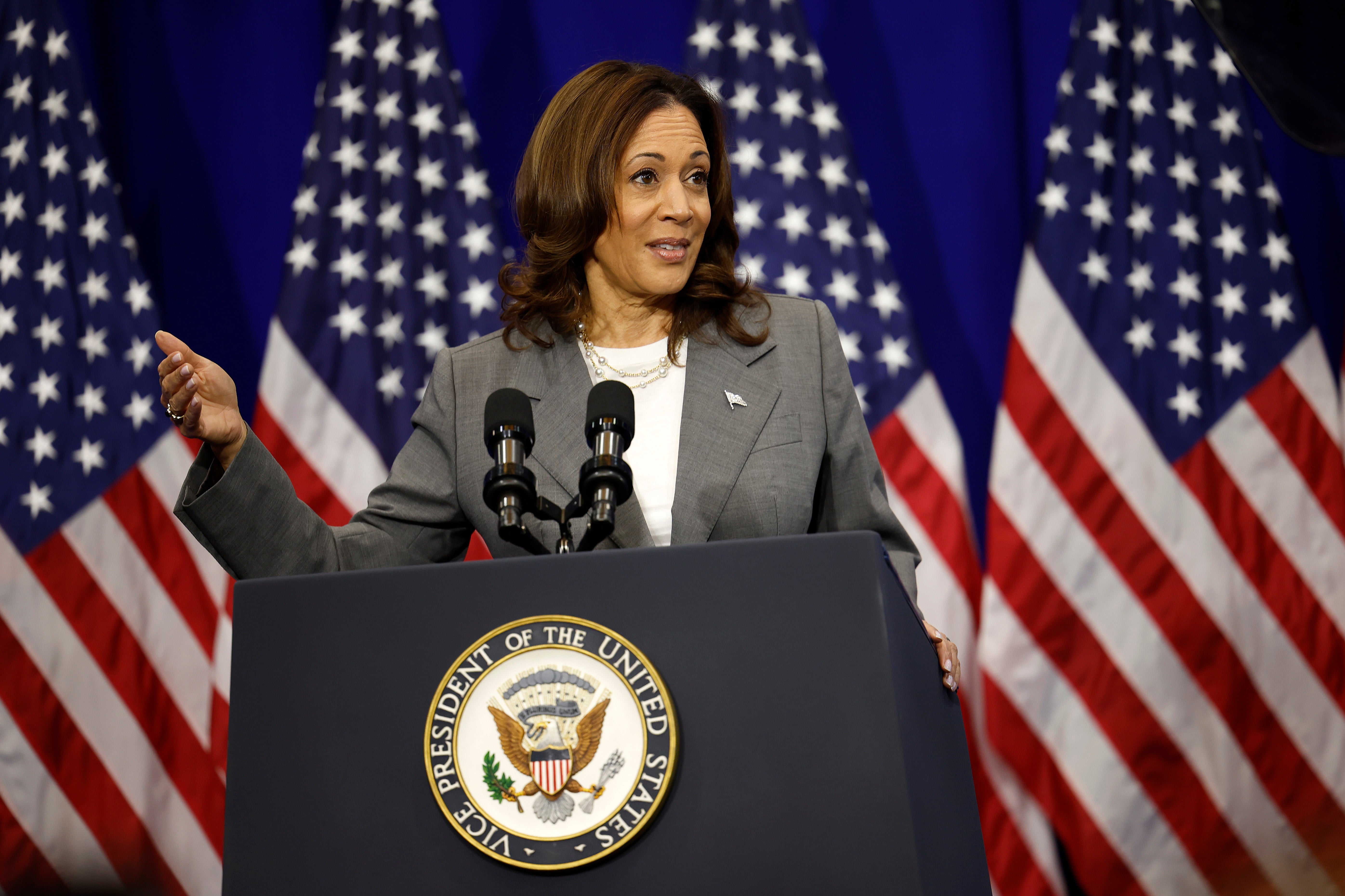 Vice President Kamala Harris delivers remarks on reproductive rights at Ritchie Coliseum on the campus of the University of Maryland on June 24, 2024 in College Park, Maryland.