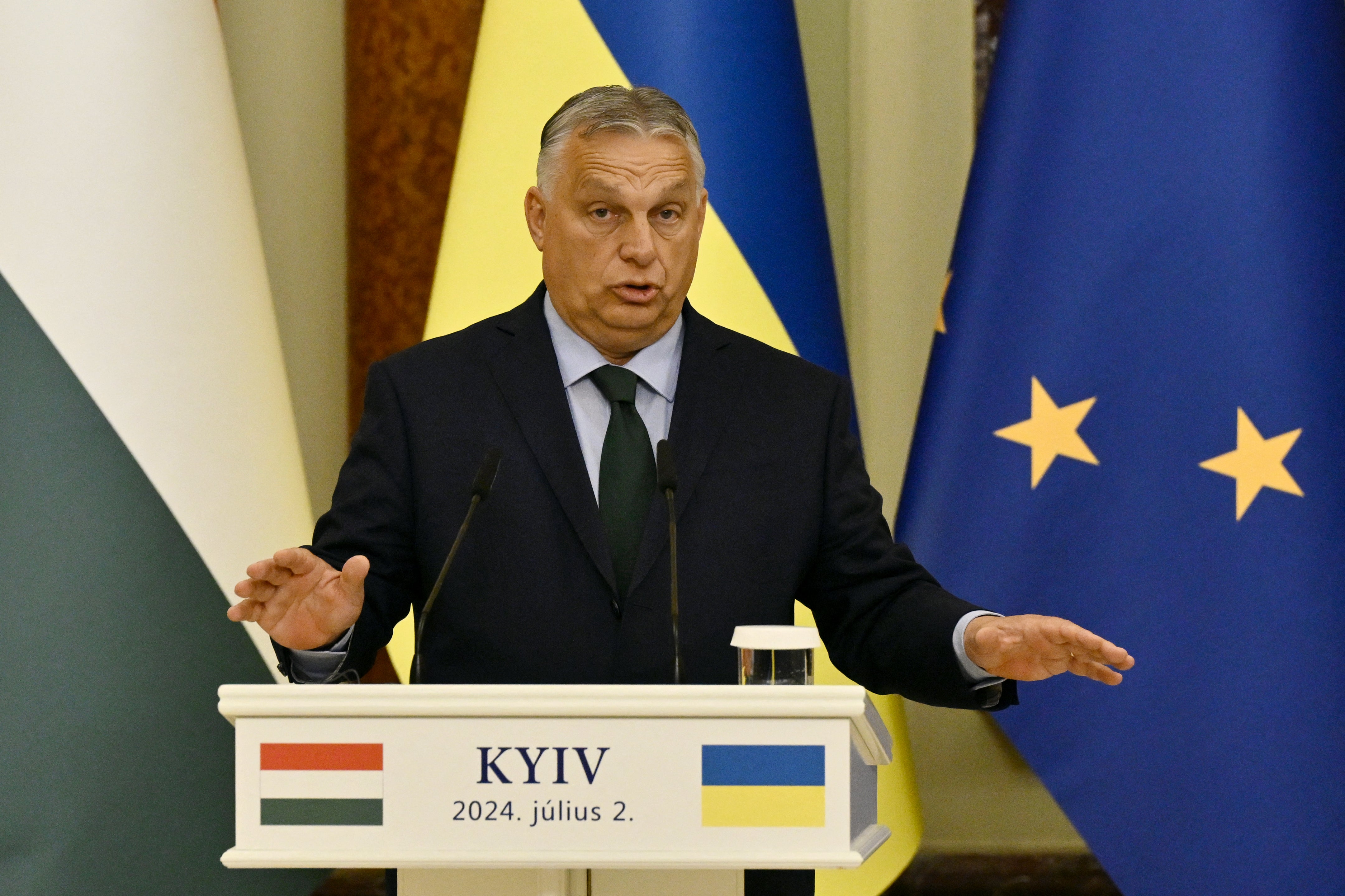 Hungary's prime minister Viktor Orban delivers a press conference with Ukraine's president in Kyiv