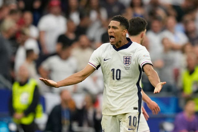 England’s Jude Bellingham celebrates after scoring against Slovakia (Antonio Calanni/AP)