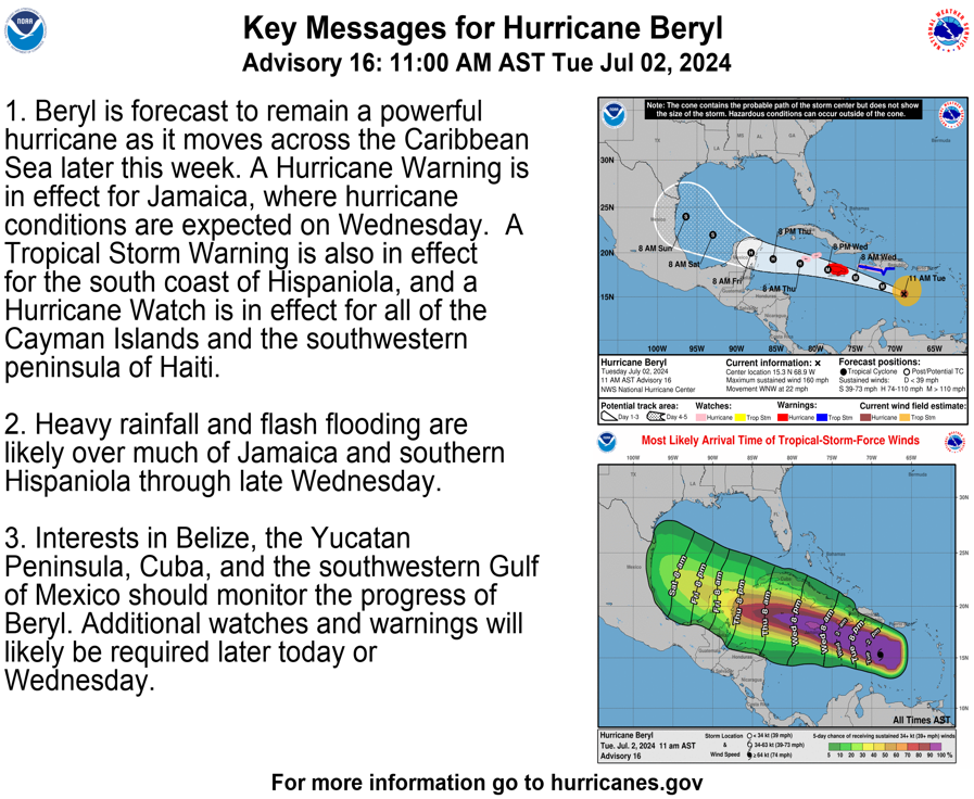 A map of Hurricane Beryl’s projected path, released on Tuesday morning