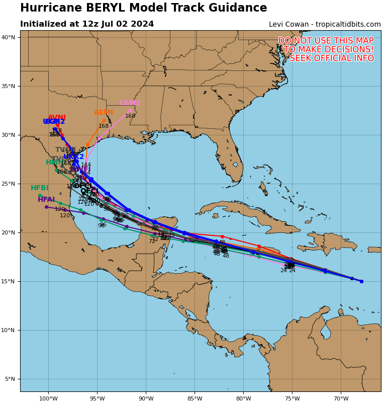 A spaghetti model from Tuesday morning shows Hurricane Beryl’s potential path towards Texas