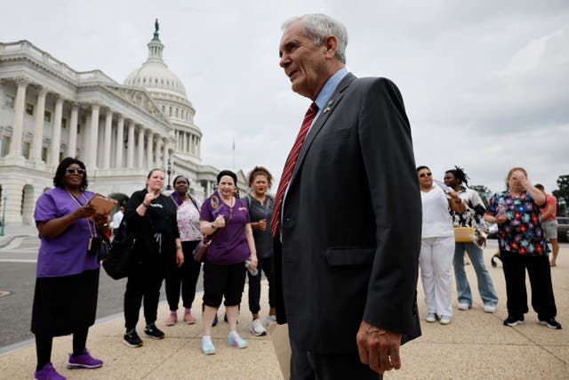 <p>Democratic congressman Lloyd Doggett joins members of the Service Employees International Union in Washington DC on June 5. He became the first sitting Democratic member of Congress to call on Joe Biden to drop out of the presidential race on July 2.</p>