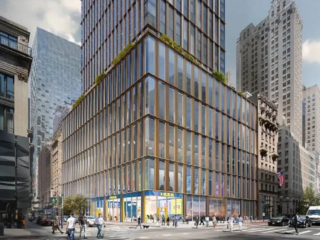 A rendering of an Ikea store at 570 Fifth Avenue, a Manhattan tower that is expected to finish construction in 2028. Ingka Investments, which owns the majority of Ikea stores worldwide, purchased 80,000 square feet in the tower for an ‘Ikea customer meeting point'