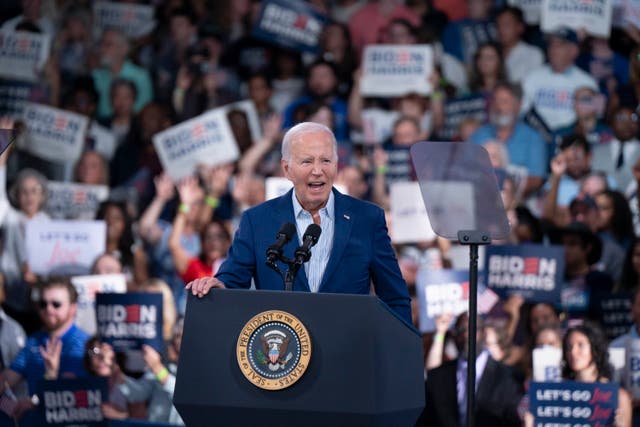 <p>Joe Biden speaks at a post-debate campaign rally on June 28, 2024 </p>