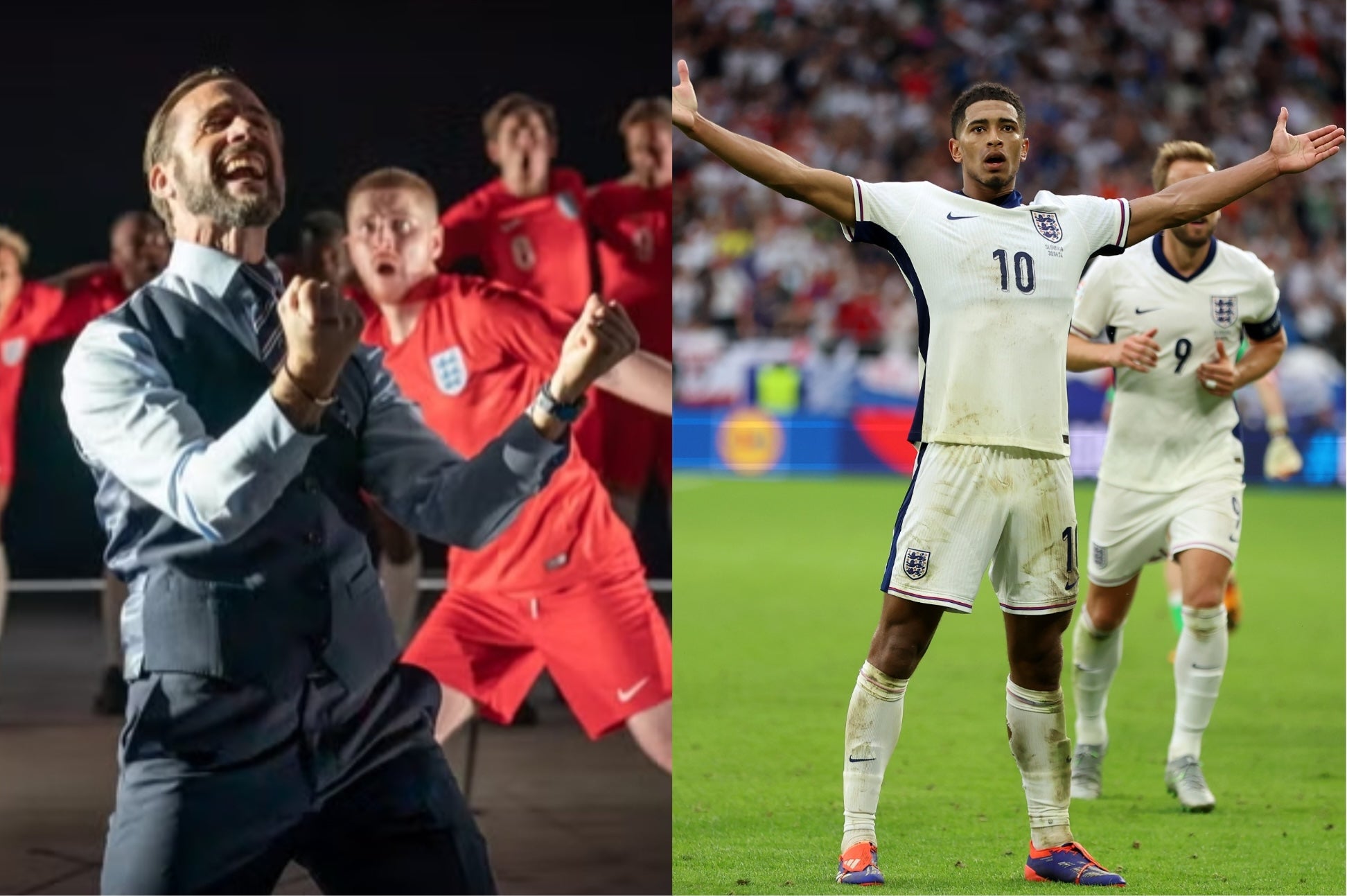 Joseph Fiennes as Gareth Southgate in ‘Dear England’, and Jude Bellingham at Euro 2024