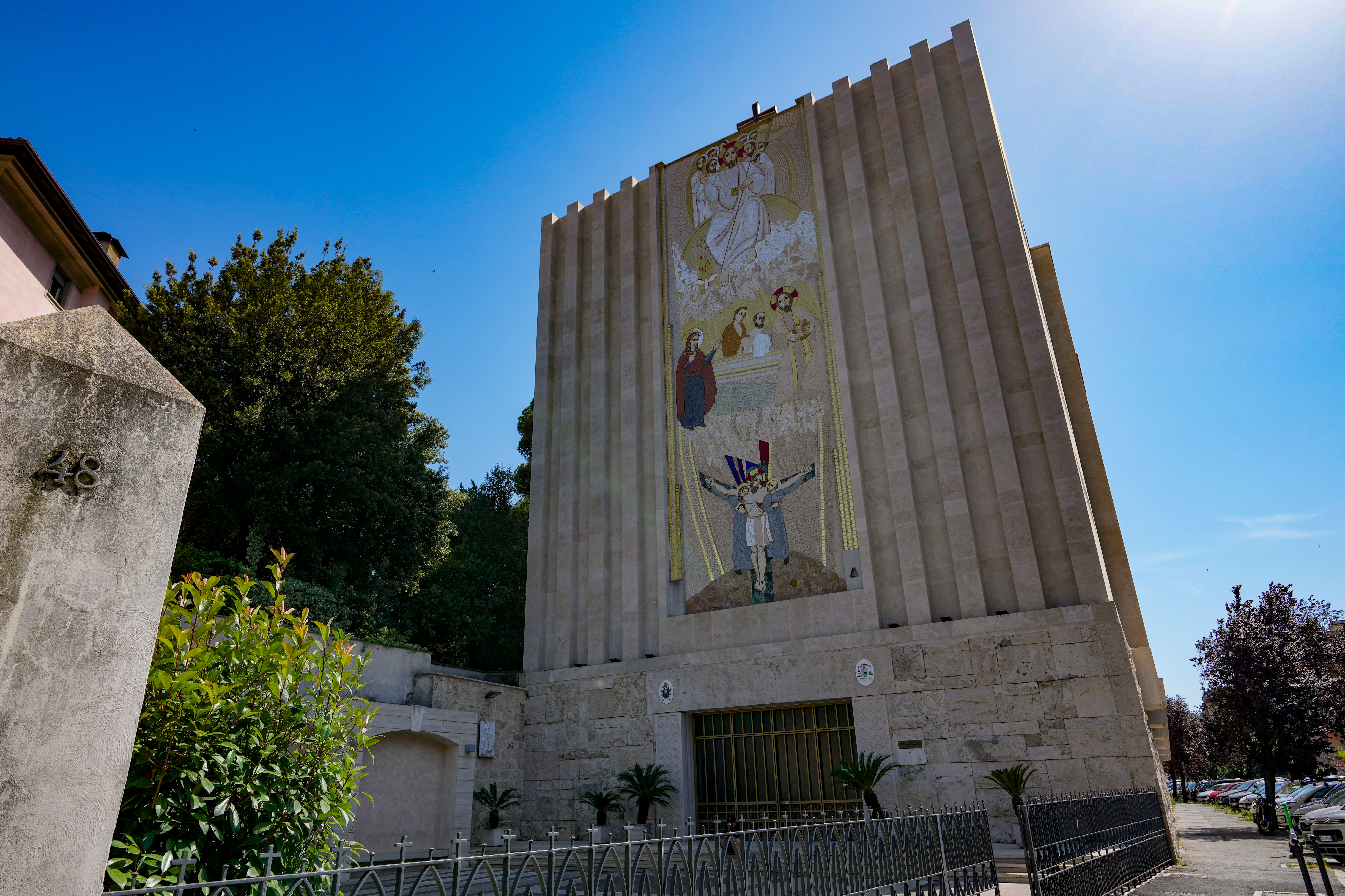 A mosaic by ex-Jesuit artist Marko Rupnik is seen on the main facade of the Church of Our Lady of the Canadian Martyrs