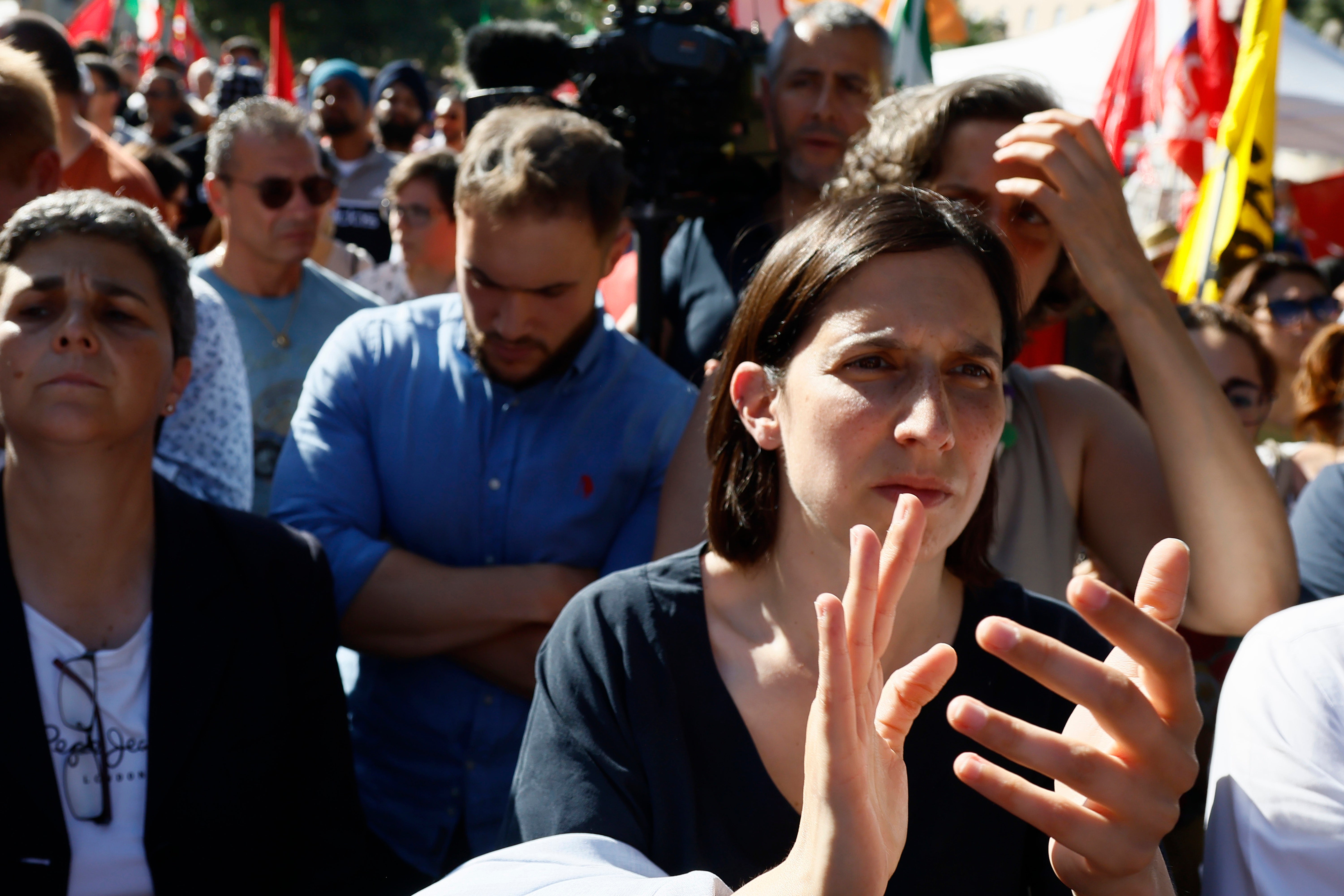 Italian Democratic party leader Elly Schlein participates in a rally with members of the Indian community in Italy
